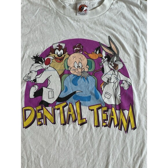 Vintage 90s Warner Bros Looney Tunes Dental Team T Shirt XL White Rare - Picture 2 of 5